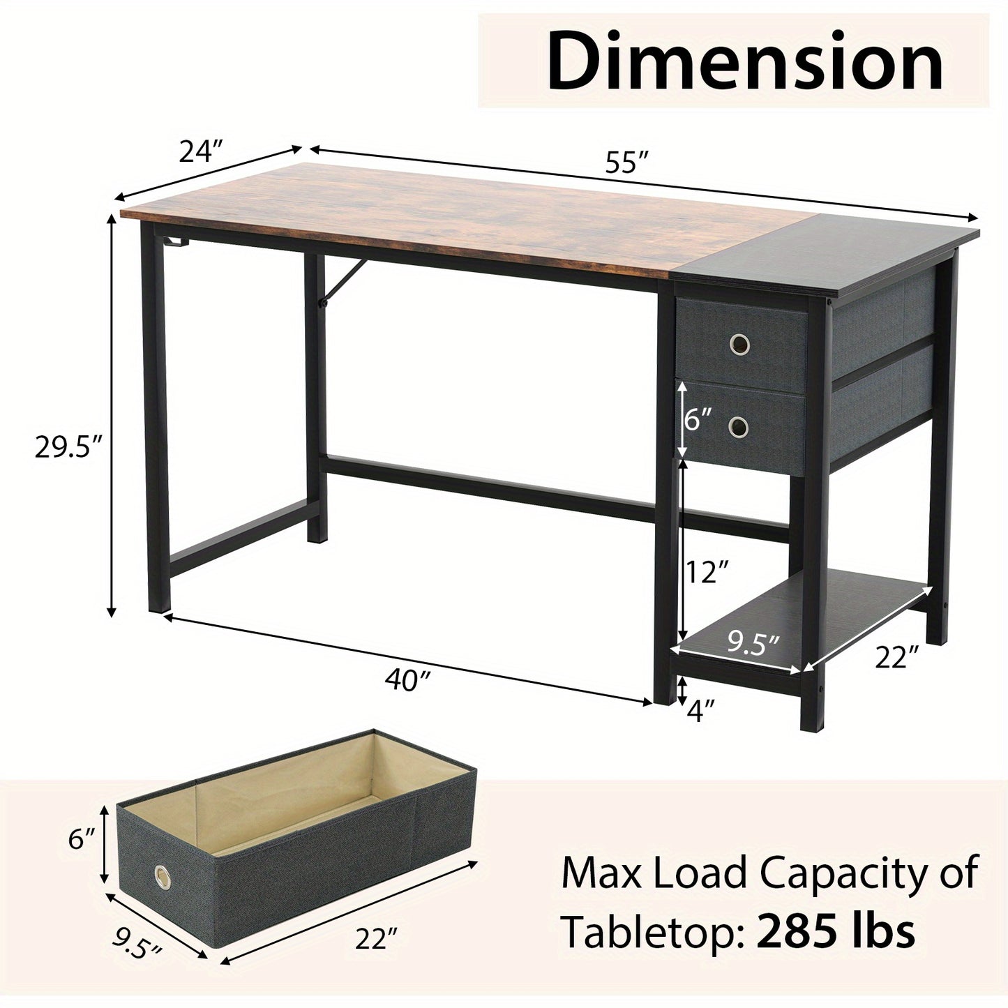Bureau – Computertafel – Hoekbureau – Gamebureau – Werkplek – Rustiek Bruin – MDF & Metaal – 140 cm Breed Werkblad – 2 Uittrekbare Lades
