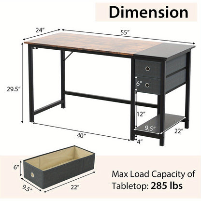 Bureau – Computertafel – Hoekbureau – Gamebureau – Werkplek – Rustiek Bruin – MDF & Metaal – 140 cm Breed Werkblad – 2 Uittrekbare Lades