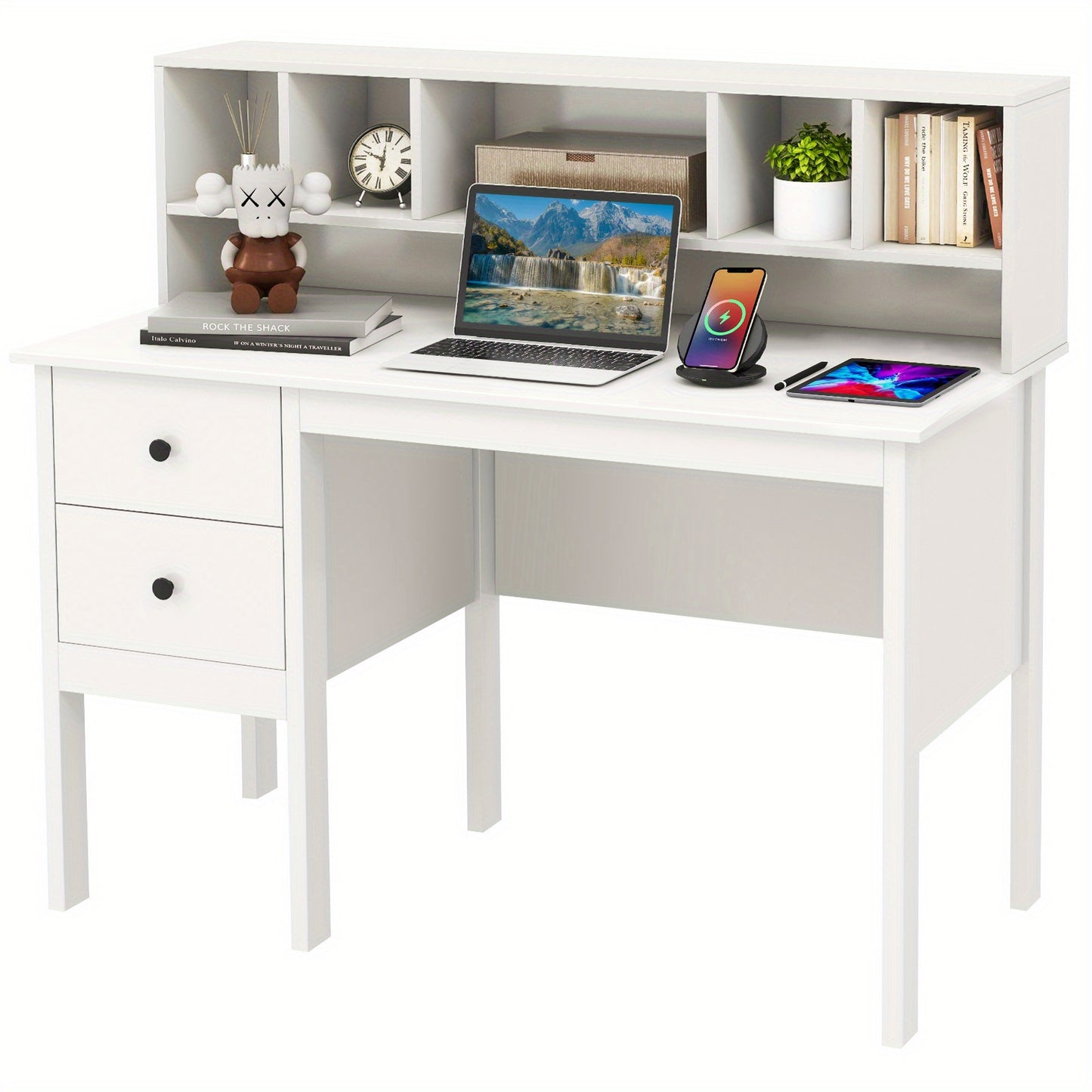 Bureau – Werktafel – Schrijftafel – Werkplek – Thuiswerkplek – MDF en Hout – 120 cm Breed Werkblad – 2 Lades en Opbergrek Wit
