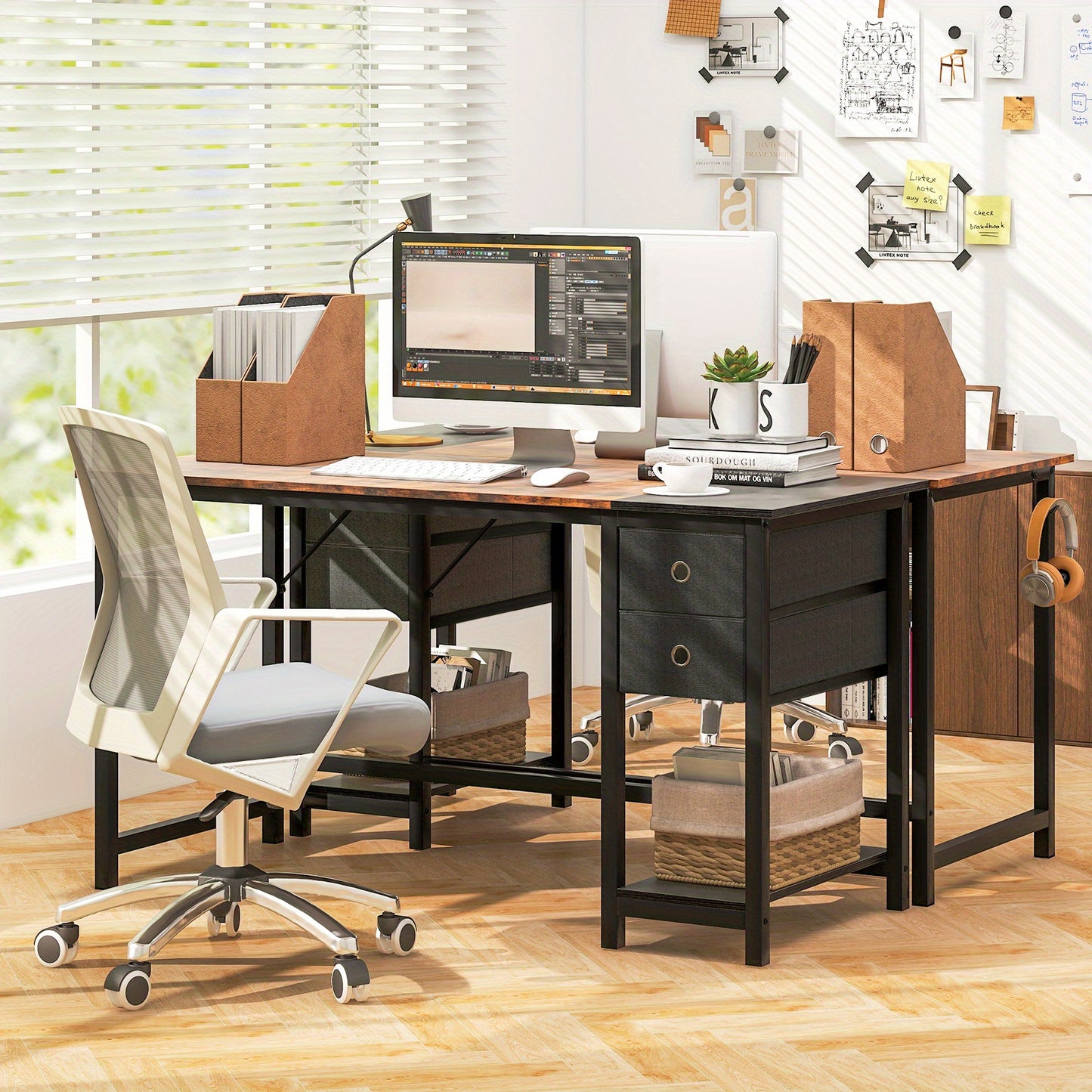 Bureau – Computertafel – Hoekbureau – Gamebureau – Werkplek – Rustiek Bruin – MDF & Metaal – 140 cm Breed Werkblad – 2 Uittrekbare Lades