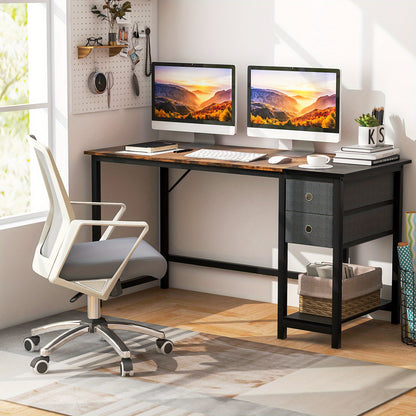 Bureau – Computertafel – Hoekbureau – Gamebureau – Werkplek – Rustiek Bruin – MDF & Metaal – 140 cm Breed Werkblad – 2 Uittrekbare Lades
