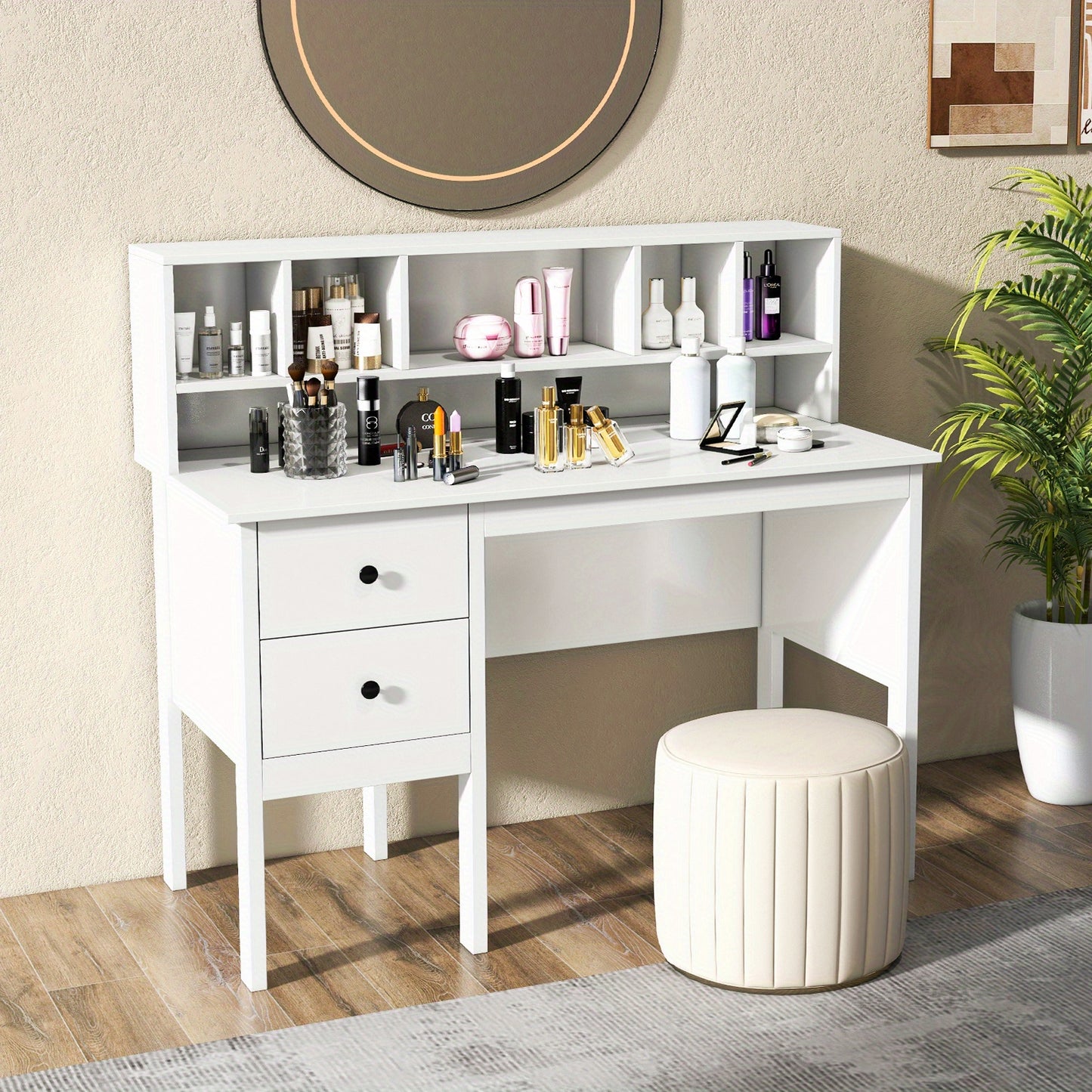 Bureau – Werktafel – Schrijftafel – Werkplek – Thuiswerkplek – MDF en Hout – 120 cm Breed Werkblad – 2 Lades en Opbergrek Wit