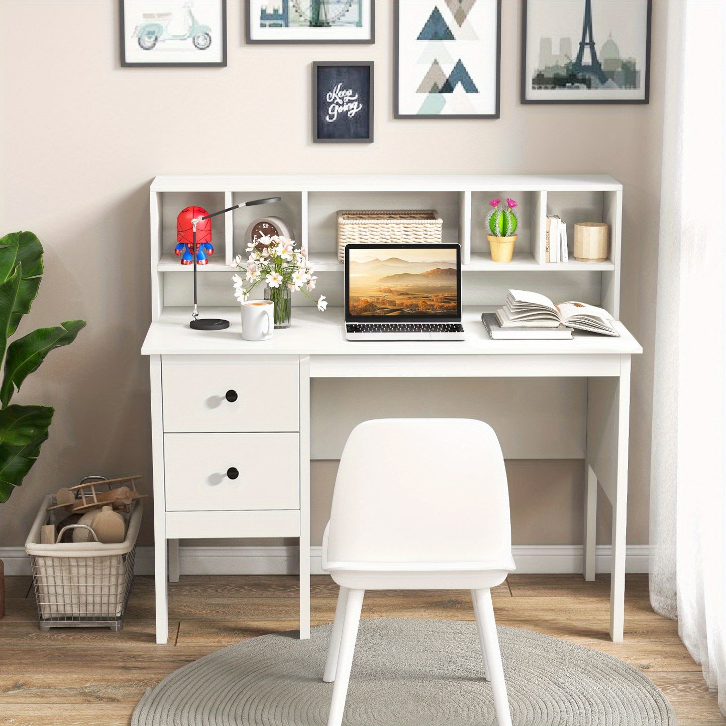 Bureau – Werktafel – Schrijftafel – Werkplek – Thuiswerkplek – MDF en Hout – 120 cm Breed Werkblad – 2 Lades en Opbergrek Wit