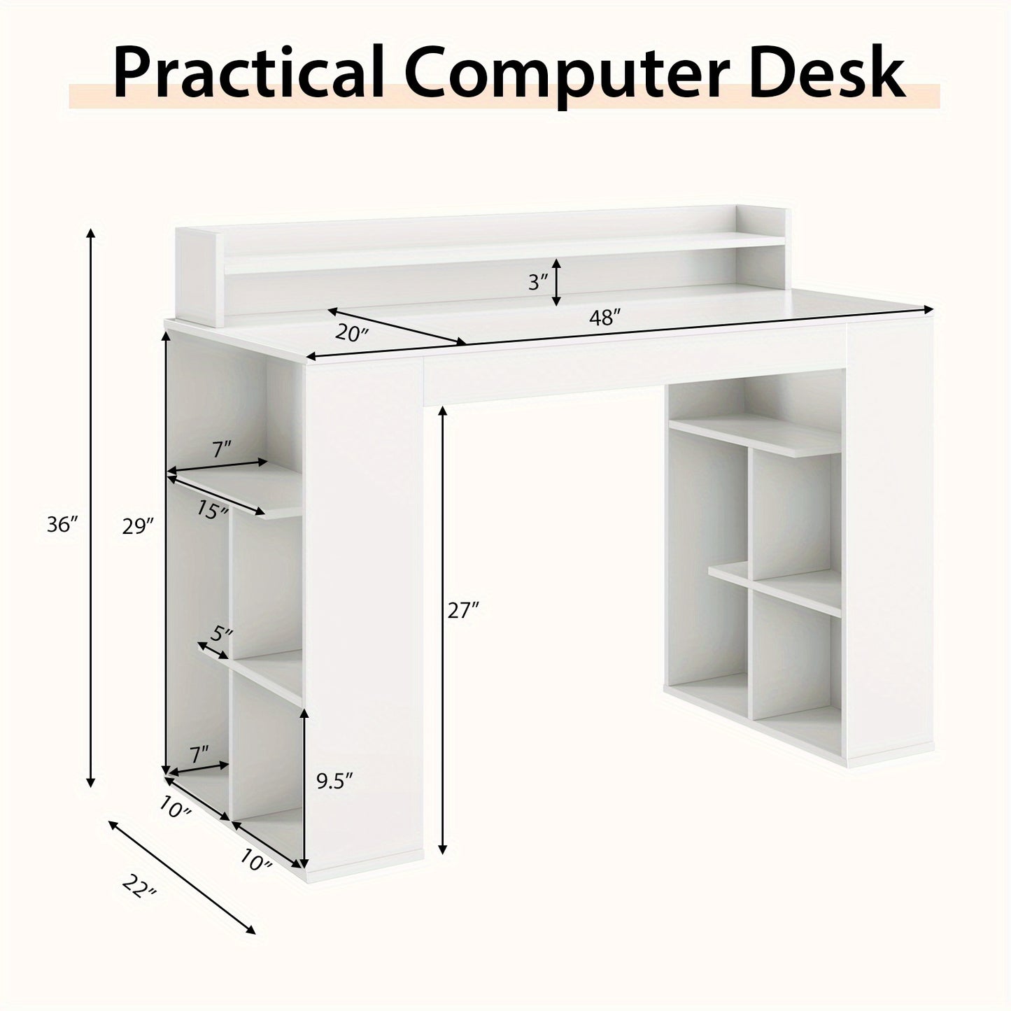 Bureau – Computerbureau – Werktafel – Thuiswerkplek – Studiebureau – Wit MDF – Ergonomische Monitorplank – Ruim Werkblad 122x56 cm