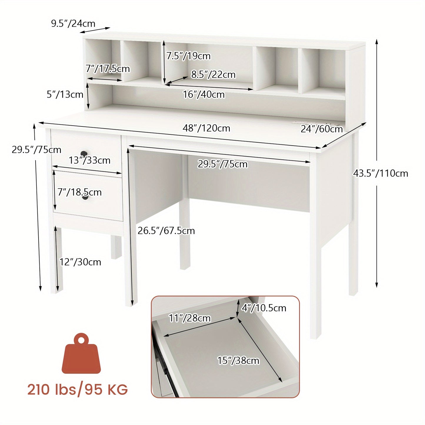 Bureau – Werktafel – Schrijftafel – Werkplek – Thuiswerkplek – MDF en Hout – 120 cm Breed Werkblad – 2 Lades en Opbergrek Wit