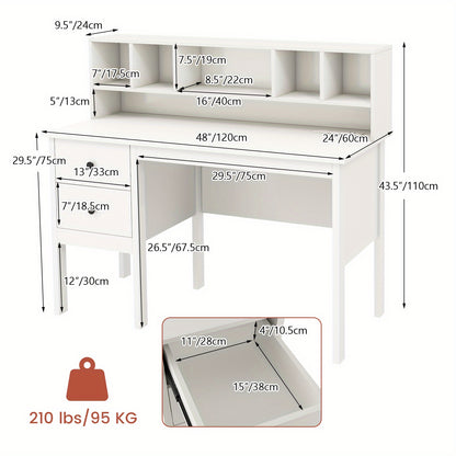 Bureau – Werktafel – Schrijftafel – Werkplek – Thuiswerkplek – MDF en Hout – 120 cm Breed Werkblad – 2 Lades en Opbergrek Wit