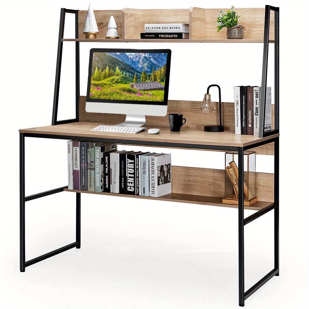 Computerschrijftafel – Bureaumeubel – Werkplek – Studietafel – Bureau met Boekenplank – Natuurlijk Houtlook – Stevige MDF en Metaal Constructie – Compact Formaat 120x57 cm