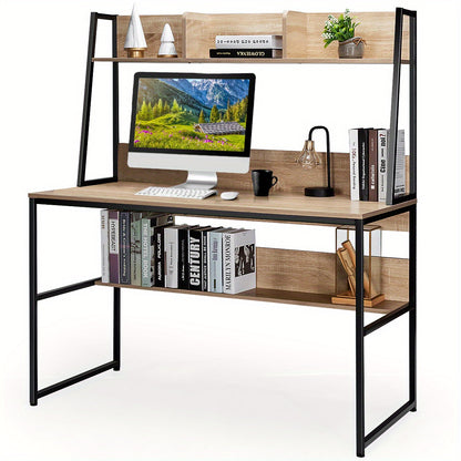 Computerschrijftafel – Bureaumeubel – Werkplek – Studietafel – Bureau met Boekenplank – Natuurlijk Houtlook – Stevige MDF en Metaal Constructie – Compact Formaat 120x57 cm