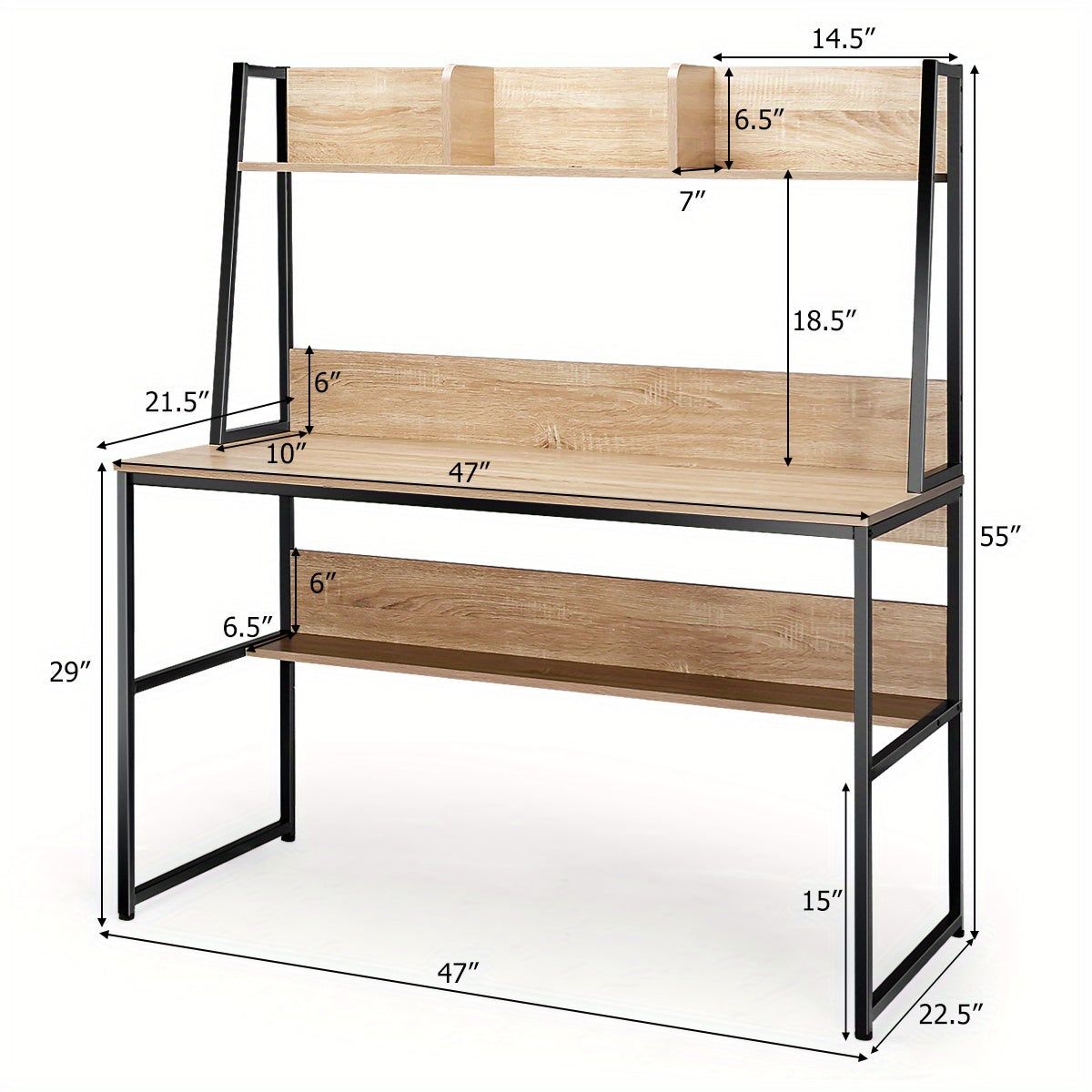 Computerschrijftafel – Bureaumeubel – Werkplek – Studietafel – Bureau met Boekenplank – Natuurlijk Houtlook – Stevige MDF en Metaal Constructie – Compact Formaat 120x57 cm