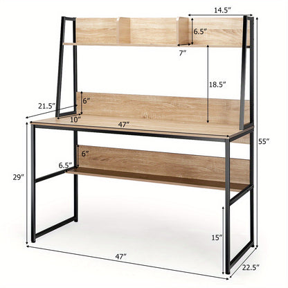 Computerschrijftafel – Bureaumeubel – Werkplek – Studietafel – Bureau met Boekenplank – Natuurlijk Houtlook – Stevige MDF en Metaal Constructie – Compact Formaat 120x57 cm