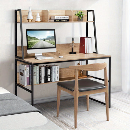Computerschrijftafel – Bureaumeubel – Werkplek – Studietafel – Bureau met Boekenplank – Natuurlijk Houtlook – Stevige MDF en Metaal Constructie – Compact Formaat 120x57 cm