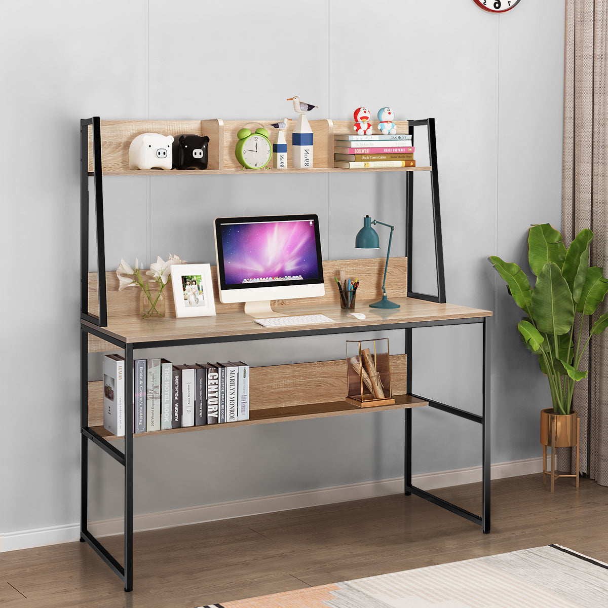 Computerschrijftafel – Bureaumeubel – Werkplek – Studietafel – Bureau met Boekenplank – Natuurlijk Houtlook – Stevige MDF en Metaal Constructie – Compact Formaat 120x57 cm