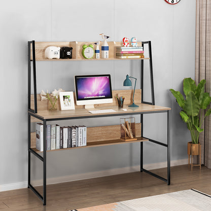Computerschrijftafel – Bureaumeubel – Werkplek – Studietafel – Bureau met Boekenplank – Natuurlijk Houtlook – Stevige MDF en Metaal Constructie – Compact Formaat 120x57 cm