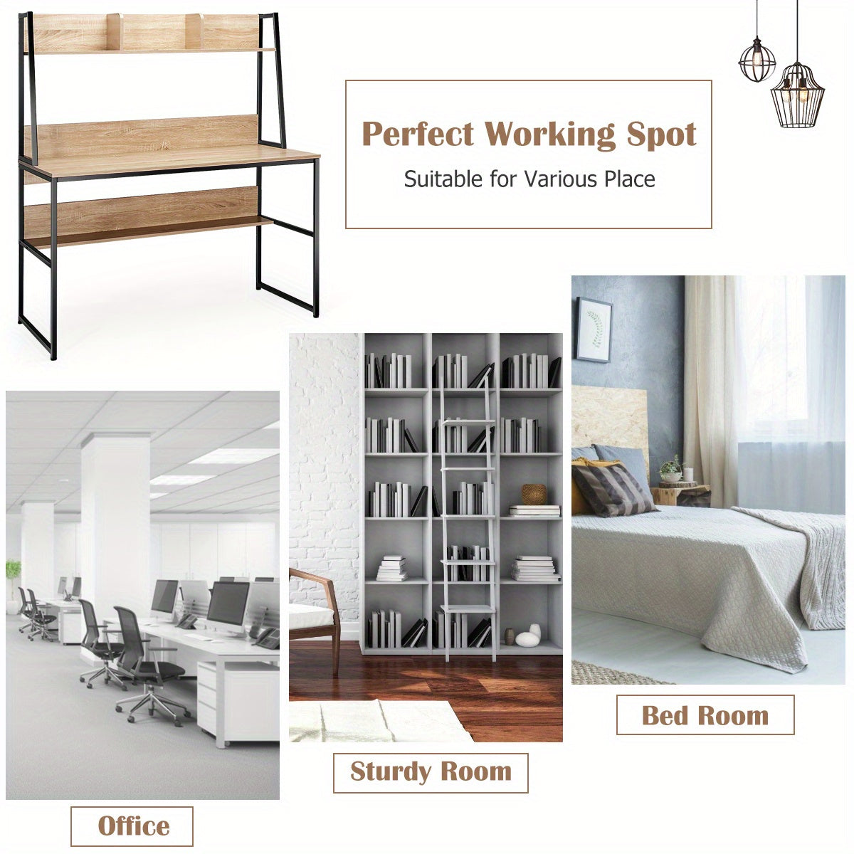 Computerschrijftafel – Bureaumeubel – Werkplek – Studietafel – Bureau met Boekenplank – Natuurlijk Houtlook – Stevige MDF en Metaal Constructie – Compact Formaat 120x57 cm
