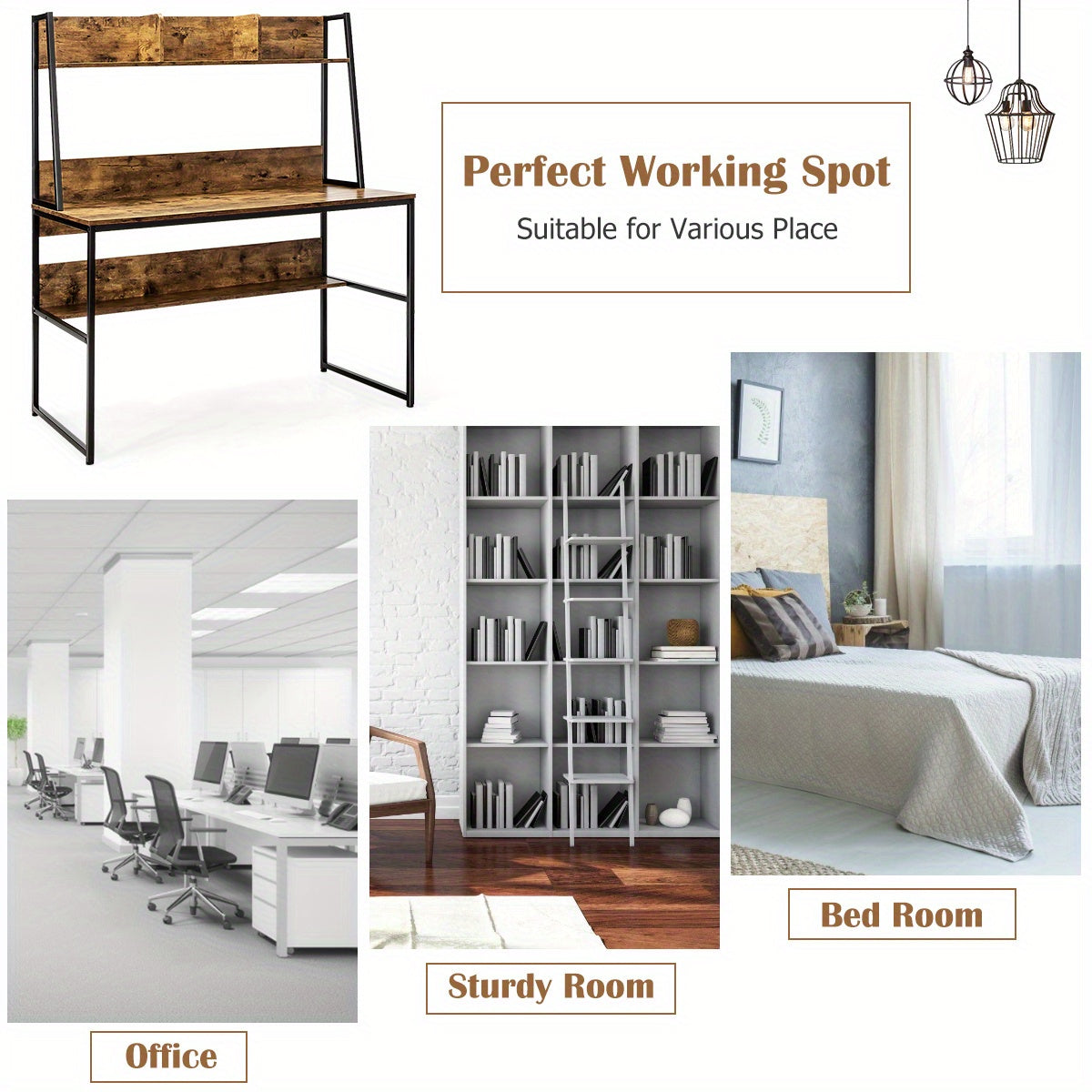 Bureau – Werkplek – Computerbureau – Schrijftafel – Studietafel – Rustic Brown – Stevig Metalen Frame – Ruime Werkplek 119 cm