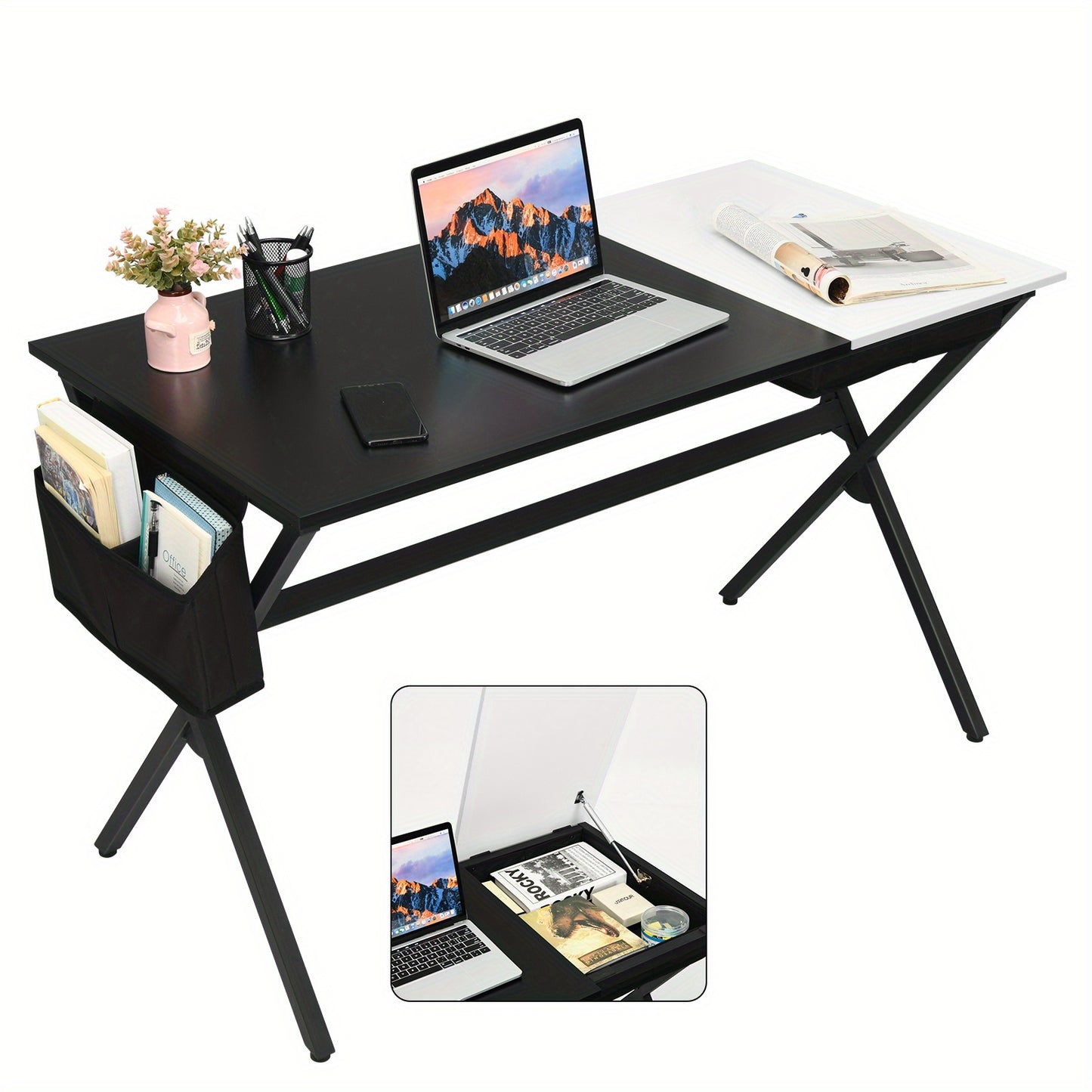 Computerbureau – Bureau – Schrijftafel – Studietafel – Laptoptafel – MDF Blad – Stevig Metalen X-Frame – Inklapbare Lade & Zijvak – Zwart-Wit