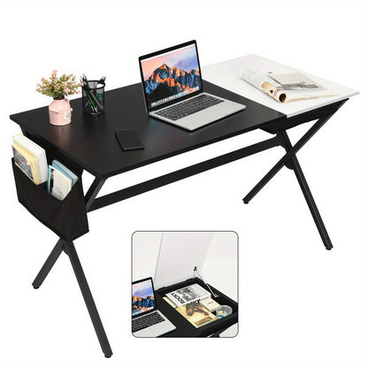 Computerbureau – Bureau – Schrijftafel – Studietafel – Laptoptafel – MDF Blad – Stevig Metalen X-Frame – Inklapbare Lade & Zijvak – Zwart-Wit