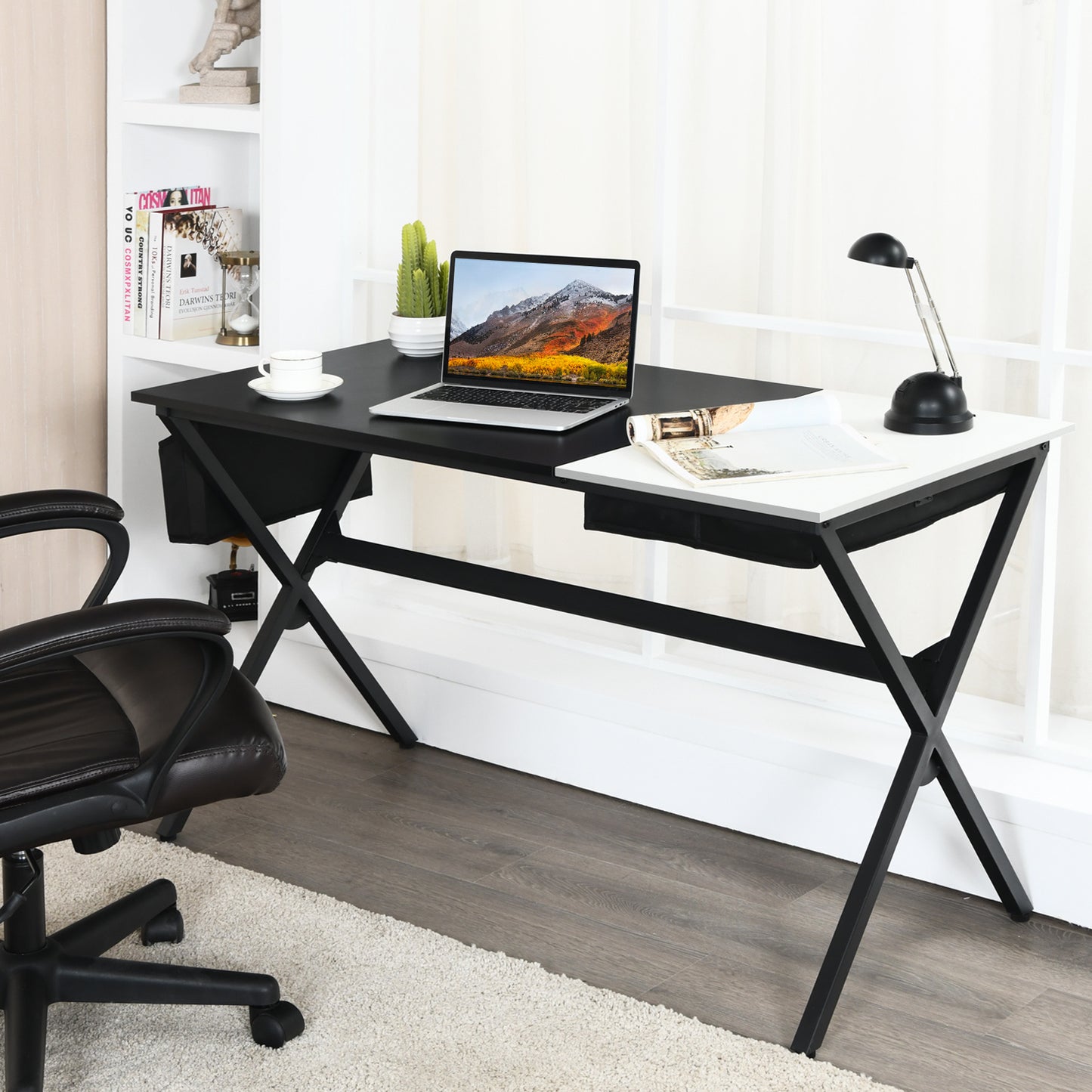 Computerbureau – Bureau – Schrijftafel – Studietafel – Laptoptafel – MDF Blad – Stevig Metalen X-Frame – Inklapbare Lade & Zijvak – Zwart-Wit