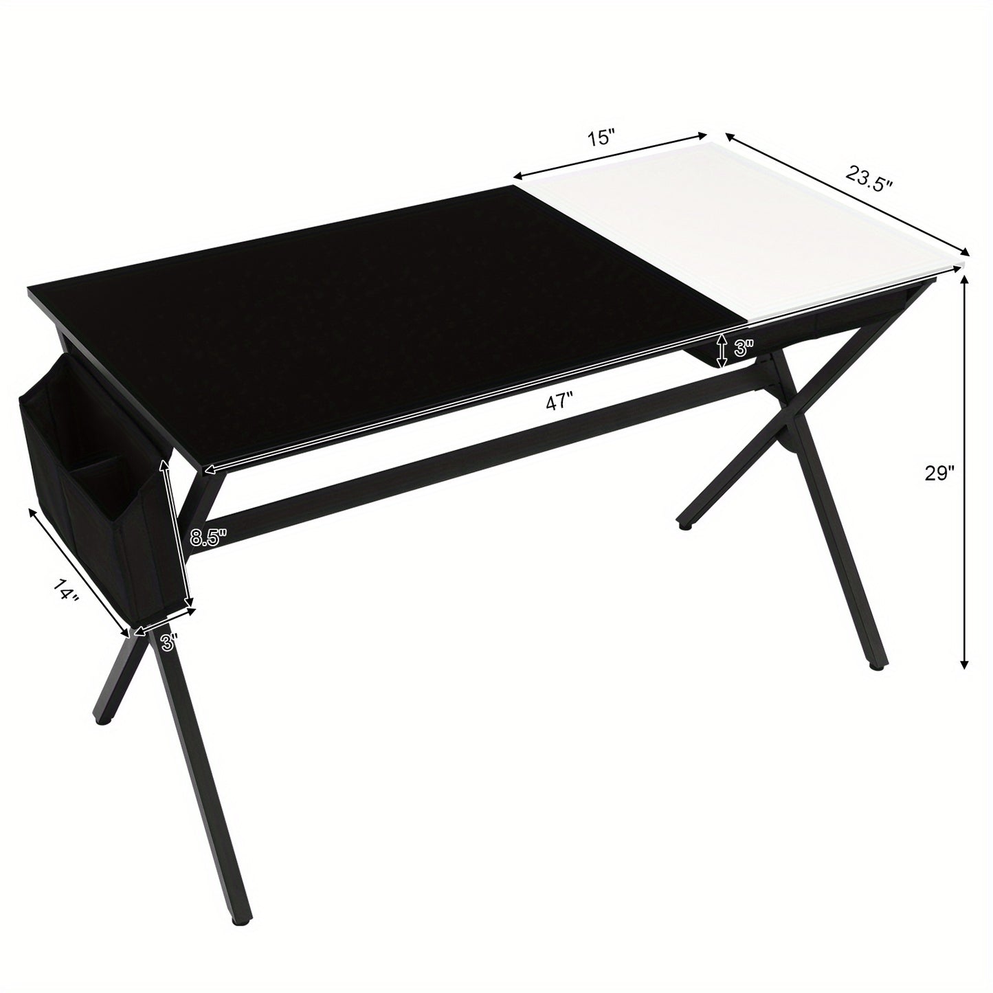 Computerbureau – Bureau – Schrijftafel – Studietafel – Laptoptafel – MDF Blad – Stevig Metalen X-Frame – Inklapbare Lade & Zijvak – Zwart-Wit
