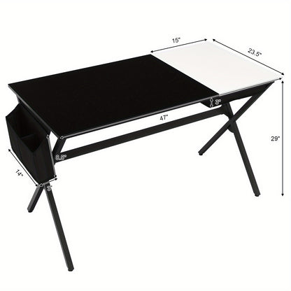 Computerbureau – Bureau – Schrijftafel – Studietafel – Laptoptafel – MDF Blad – Stevig Metalen X-Frame – Inklapbare Lade & Zijvak – Zwart-Wit