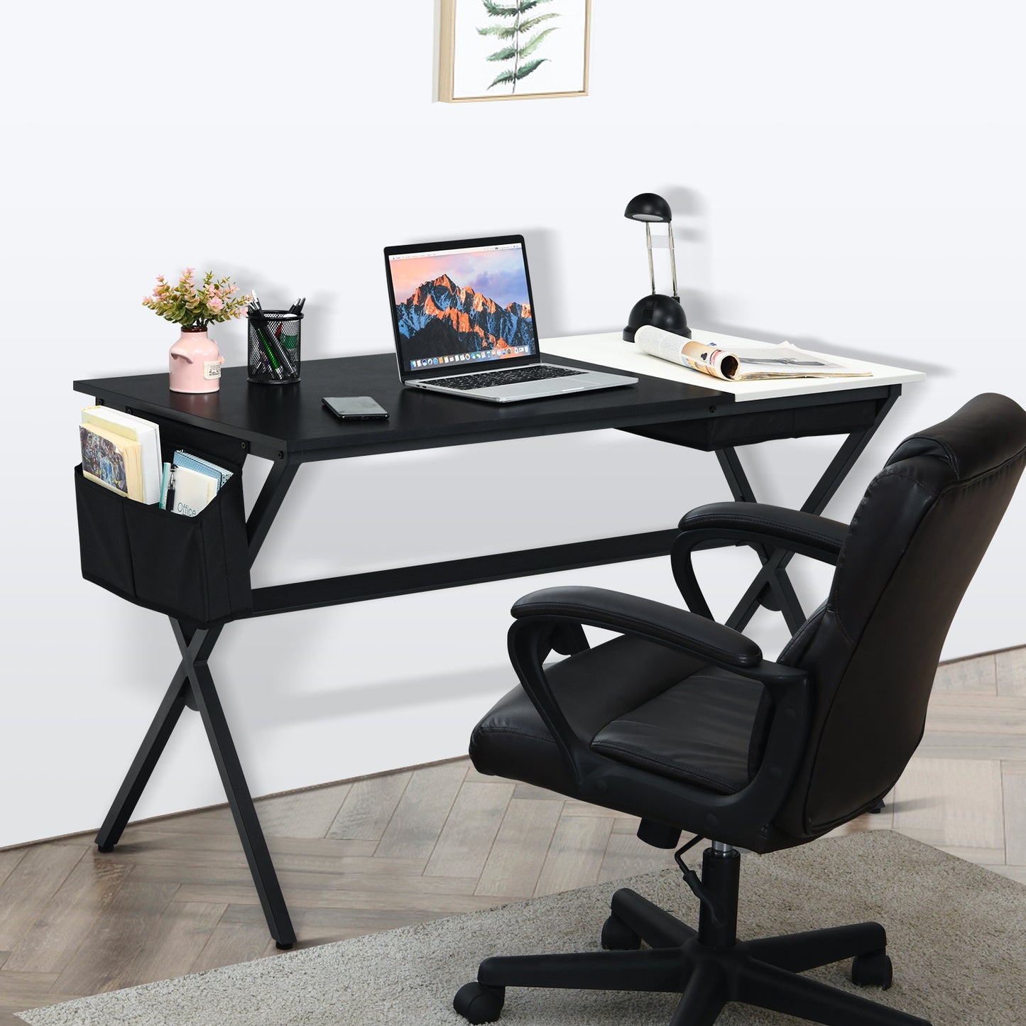 Computerbureau – Bureau – Schrijftafel – Studietafel – Laptoptafel – MDF Blad – Stevig Metalen X-Frame – Inklapbare Lade & Zijvak – Zwart-Wit