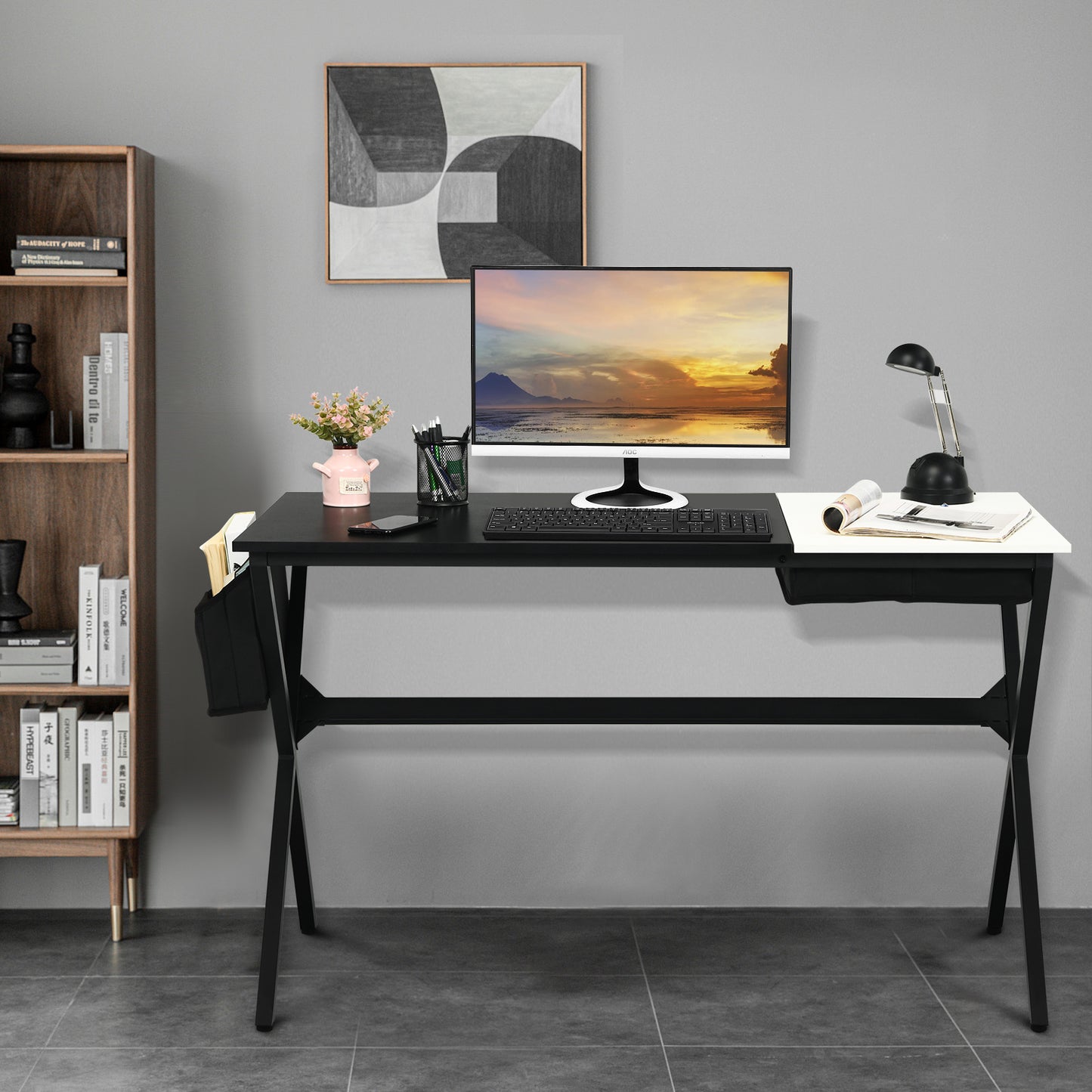 Computerbureau – Bureau – Schrijftafel – Studietafel – Laptoptafel – MDF Blad – Stevig Metalen X-Frame – Inklapbare Lade & Zijvak – Zwart-Wit