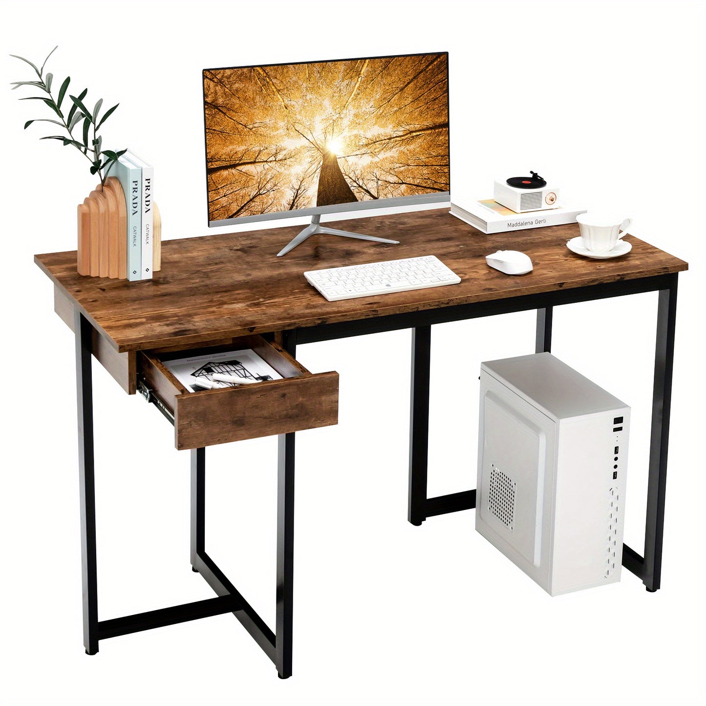 Computertafel – Computerbureau – Bureautafel – Werktafel – Gaming Bureau – Industrieel MDF Blad – Rustiek Bruin Met Lade