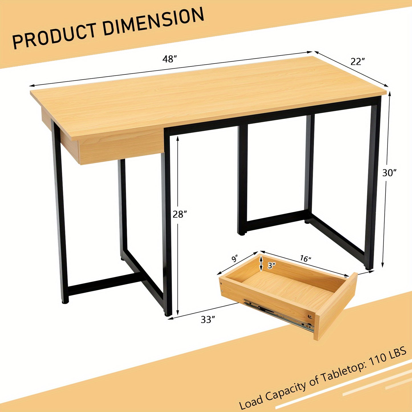 Bureau – Computertafel – Werkplek – Schrijftafel – Computerbureau – Natuurlijk Hout – Metalen Frame – Lade – 122 x 56 cm – Extra Stevig & Ruimtelijk
