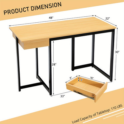 Bureau – Computertafel – Werkplek – Schrijftafel – Computerbureau – Natuurlijk Hout – Metalen Frame – Lade – 122 x 56 cm – Extra Stevig & Ruimtelijk