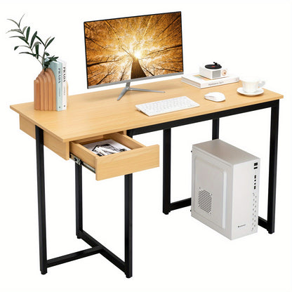 Bureau – Computertafel – Werkplek – Schrijftafel – Computerbureau – Natuurlijk Hout – Metalen Frame – Lade – 122 x 56 cm – Extra Stevig & Ruimtelijk