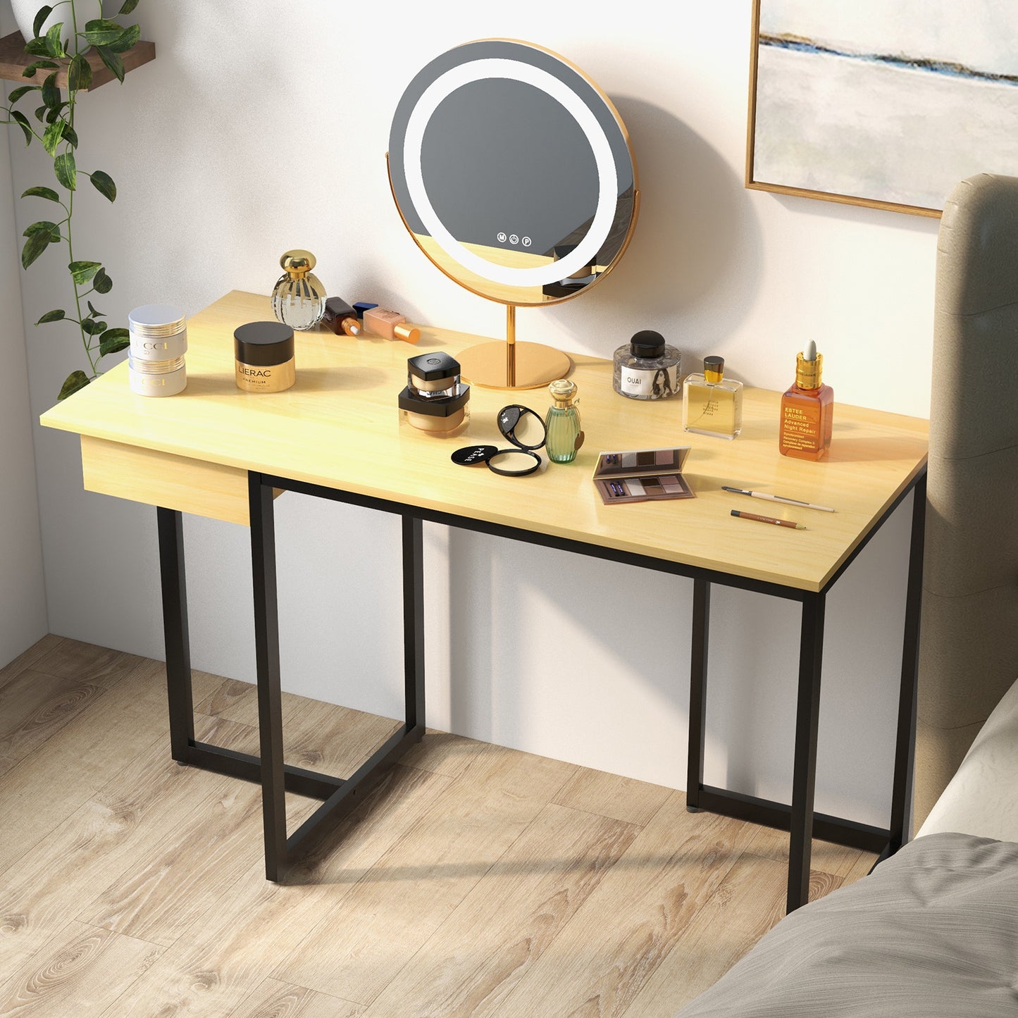 Bureau – Computertafel – Werkplek – Schrijftafel – Computerbureau – Natuurlijk Hout – Metalen Frame – Lade – 122 x 56 cm – Extra Stevig & Ruimtelijk