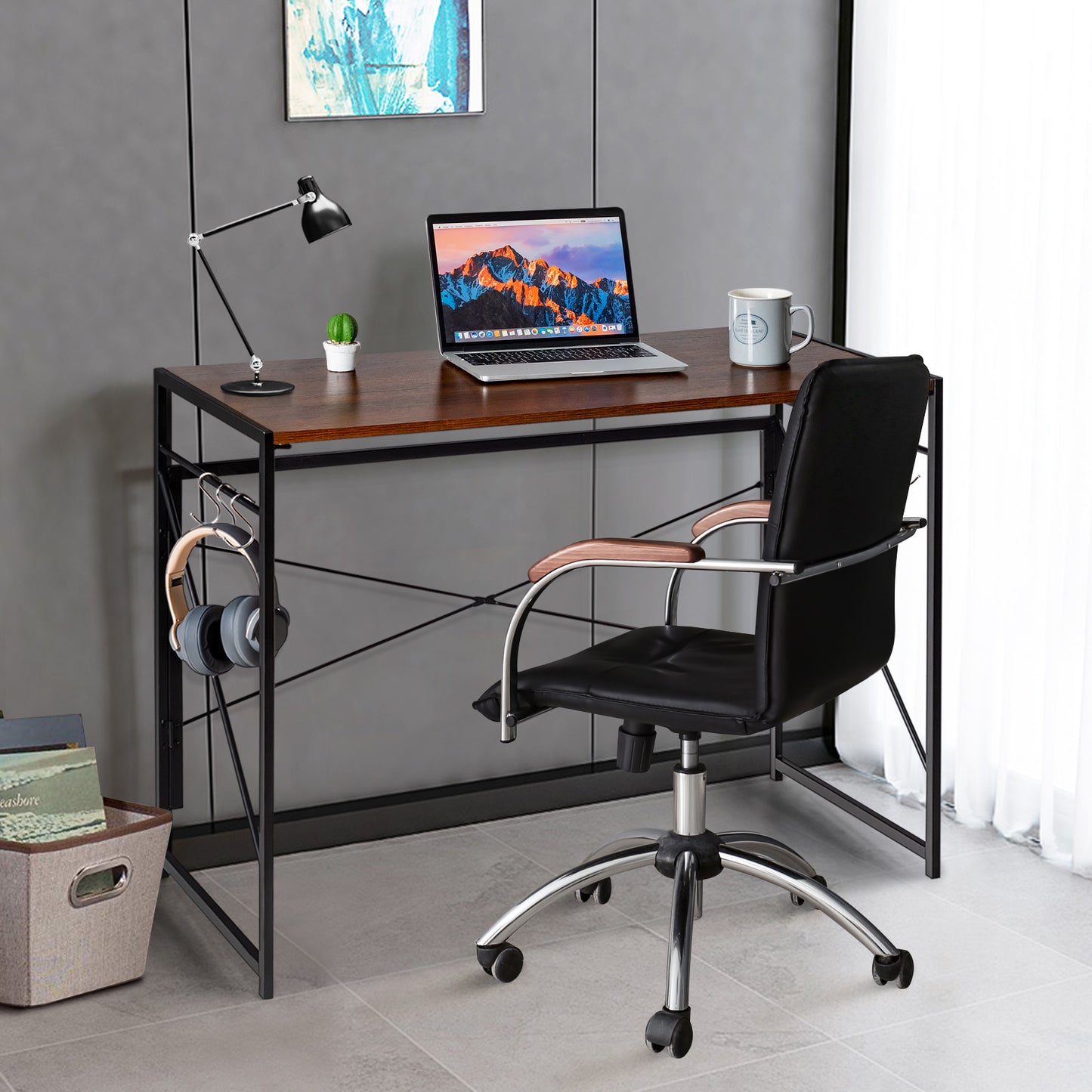 Bureau – Computertafel – Werktafel – Schrijftafel – Opvouwbaar – MDF Met Metalen Frame – 100x50 cm – 6 Haken Voor Organisatie