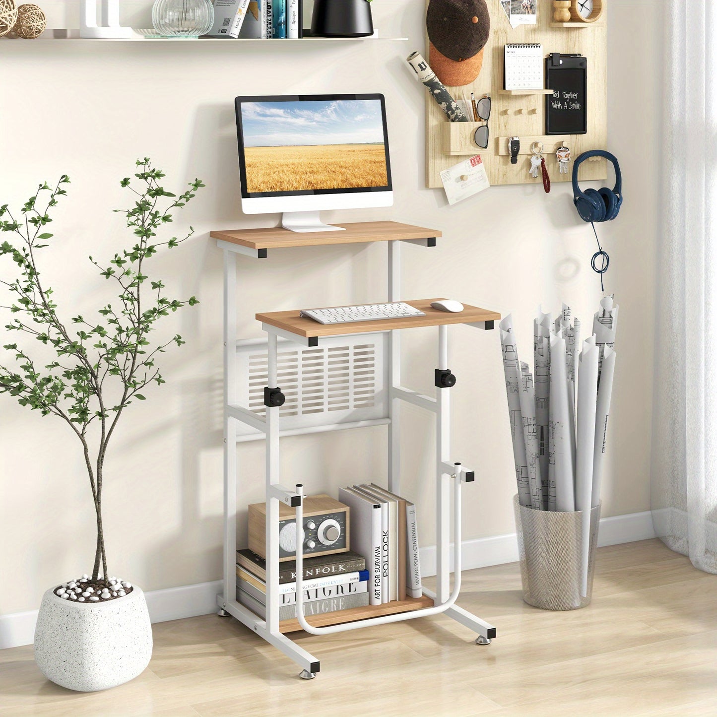 Zit Sta Bureau – Staand Bureau – Verstelbaar Bureau – Werkplek Bureau – Compact Bureau – Hoogte Verstelbaar 67-98 cm – Met Voetsteun en Opbergruimte