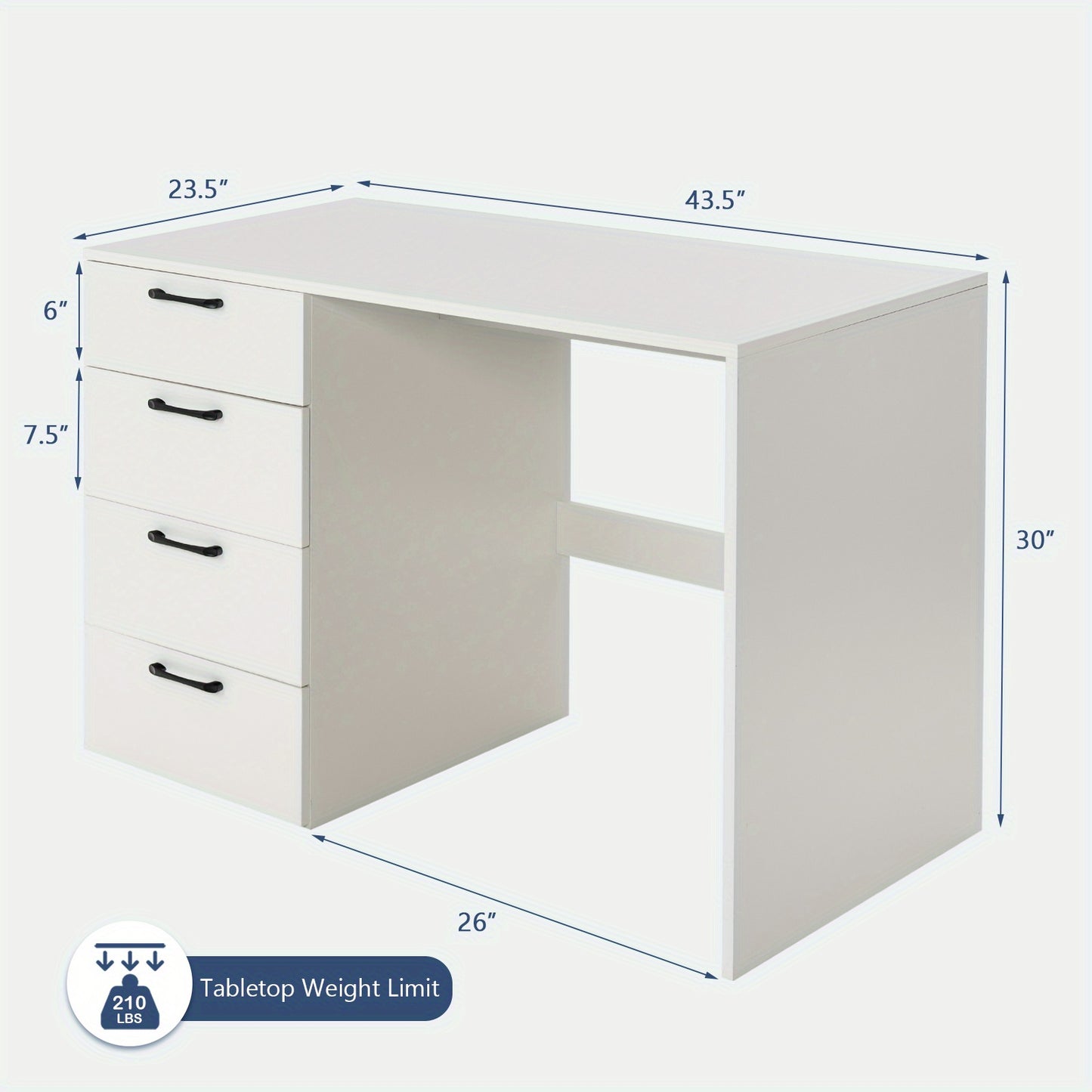 Bureau – Computertafel – Schrijftafel – Werkplek – Bureautafel – Wit – 110x60 cm – MDF Hout – 4 Lades – Ruim Opbergvlak