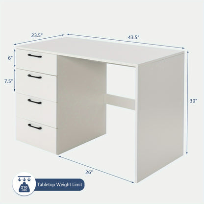 Bureau – Computertafel – Schrijftafel – Werkplek – Bureautafel – Wit – 110x60 cm – MDF Hout – 4 Lades – Ruim Opbergvlak