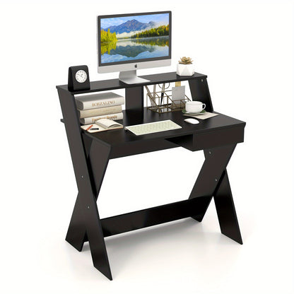 Bureau – Computertafel – Schrijftafel – Werkplek – Kantoortafel – Met Lade – Monitorverhoger – Compact Zwart MDF
