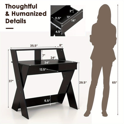 Bureau – Computertafel – Schrijftafel – Werkplek – Kantoortafel – Met Lade – Monitorverhoger – Compact Zwart MDF