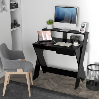 Bureau – Computertafel – Schrijftafel – Werkplek – Kantoortafel – Met Lade – Monitorverhoger – Compact Zwart MDF