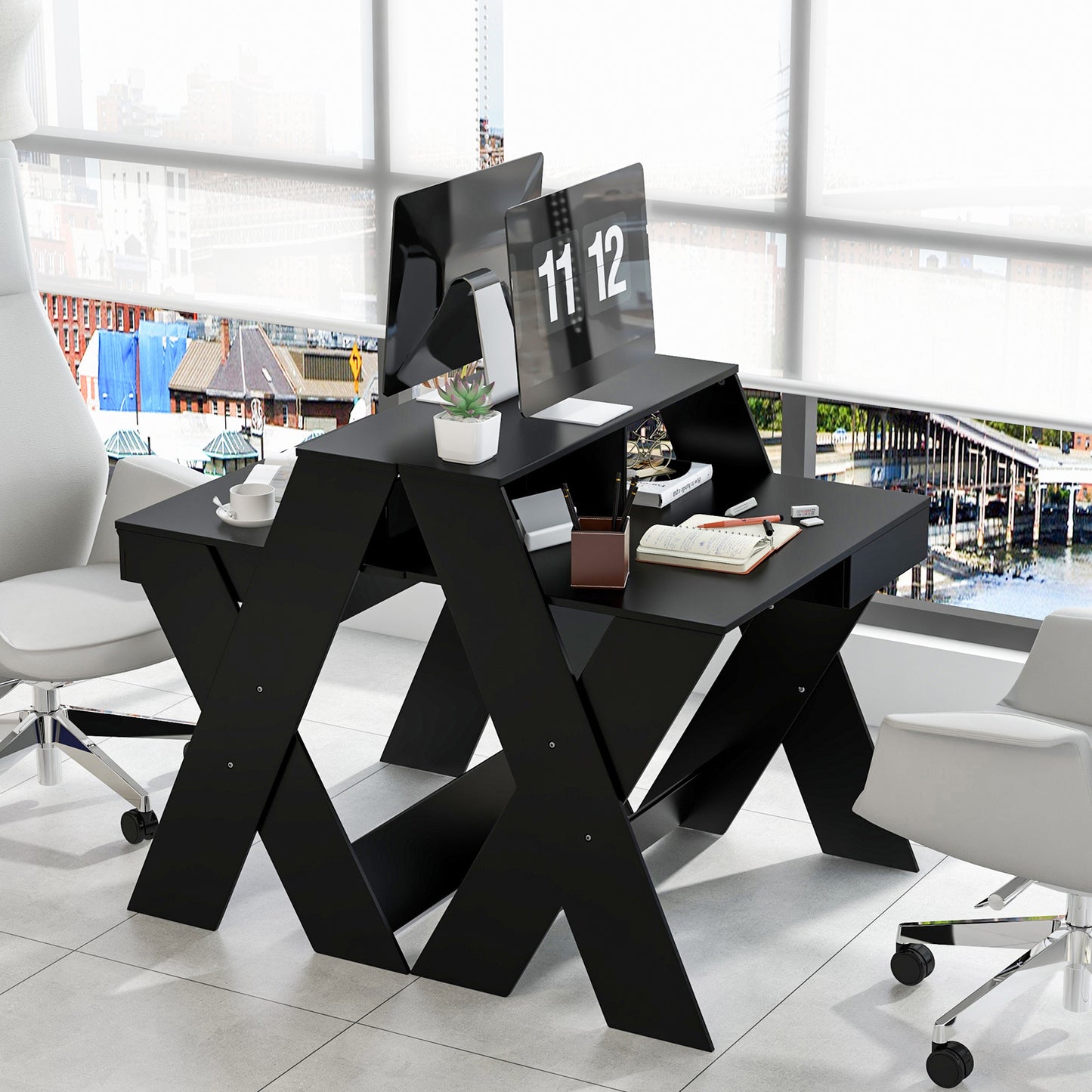 Bureau – Computertafel – Schrijftafel – Werkplek – Kantoortafel – Met Lade – Monitorverhoger – Compact Zwart MDF