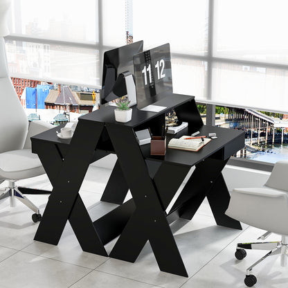 Bureau – Computertafel – Schrijftafel – Werkplek – Kantoortafel – Met Lade – Monitorverhoger – Compact Zwart MDF