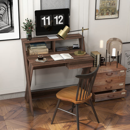 Bureau – Computerbureau – Schrijftafel – Werktafel – Laptoptafel – Compact – Walnoot Met Lade En Ergonomische Monitorverhoger