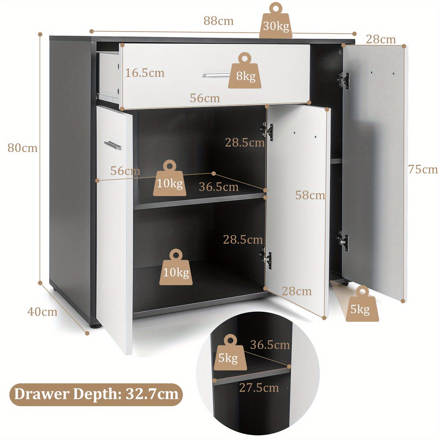 Dressoir – Ladekast – Opbergkast – Keukenkast – Buffetkast – Modern Design – Verstelbare Plank – Anti-Kantel Mechanisme – 88x40x80 cm – Metaal & Houtfineer