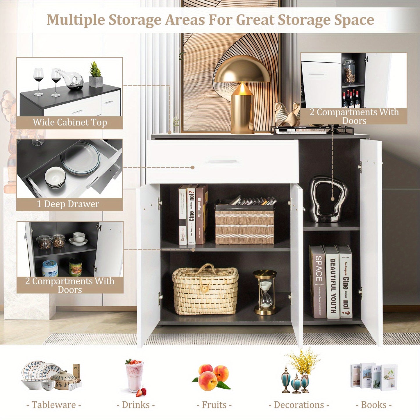 Dressoir – Ladekast – Opbergkast – Keukenkast – Buffetkast – Modern Design – Verstelbare Plank – Anti-Kantel Mechanisme – 88x40x80 cm – Metaal & Houtfineer