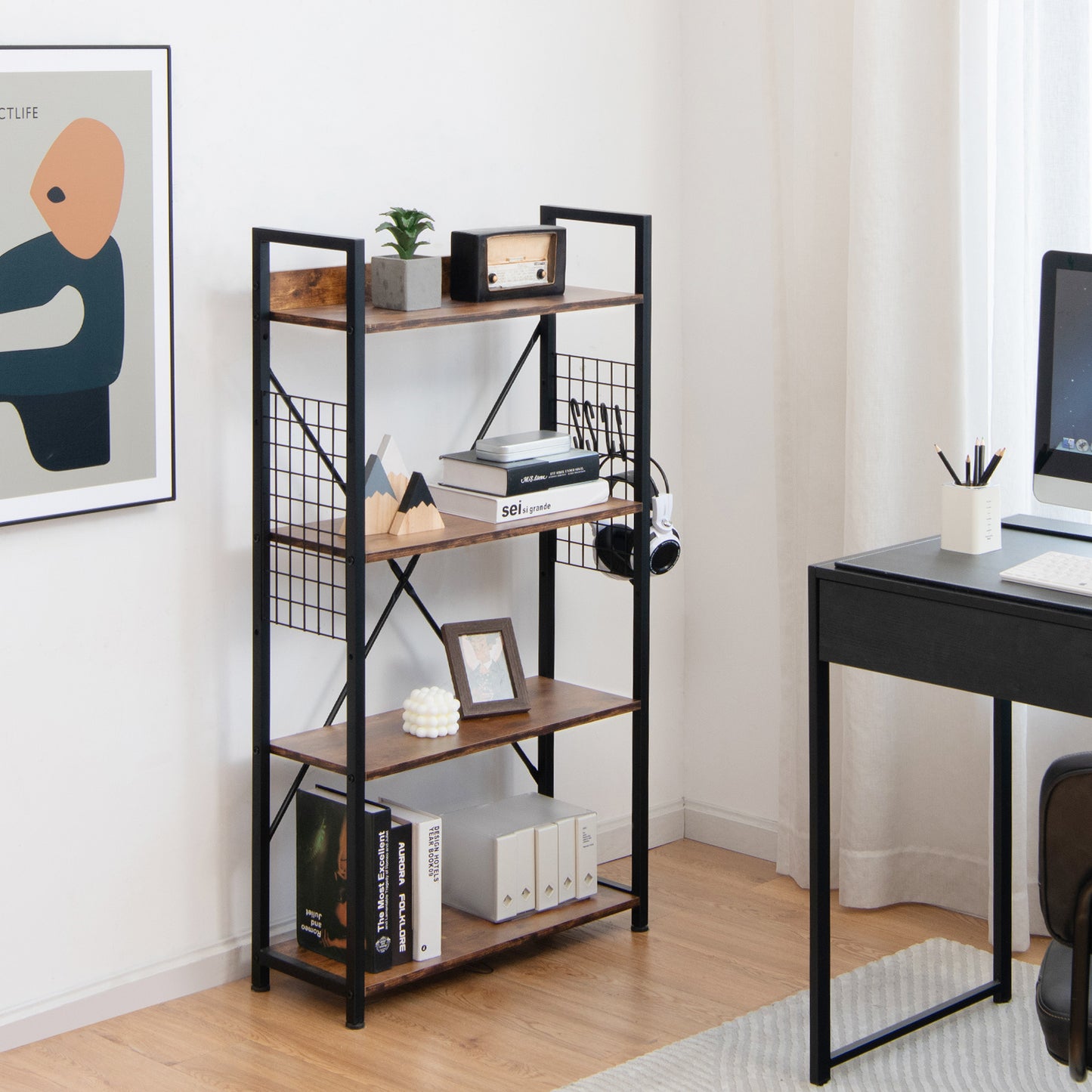 Boekenkast – Boekenrek – Opbergkast – Vakkenkast – Stellingkast – Industriële Koffiekleur – 4 Laags Met Verstelbare Plank – Staal En MDF