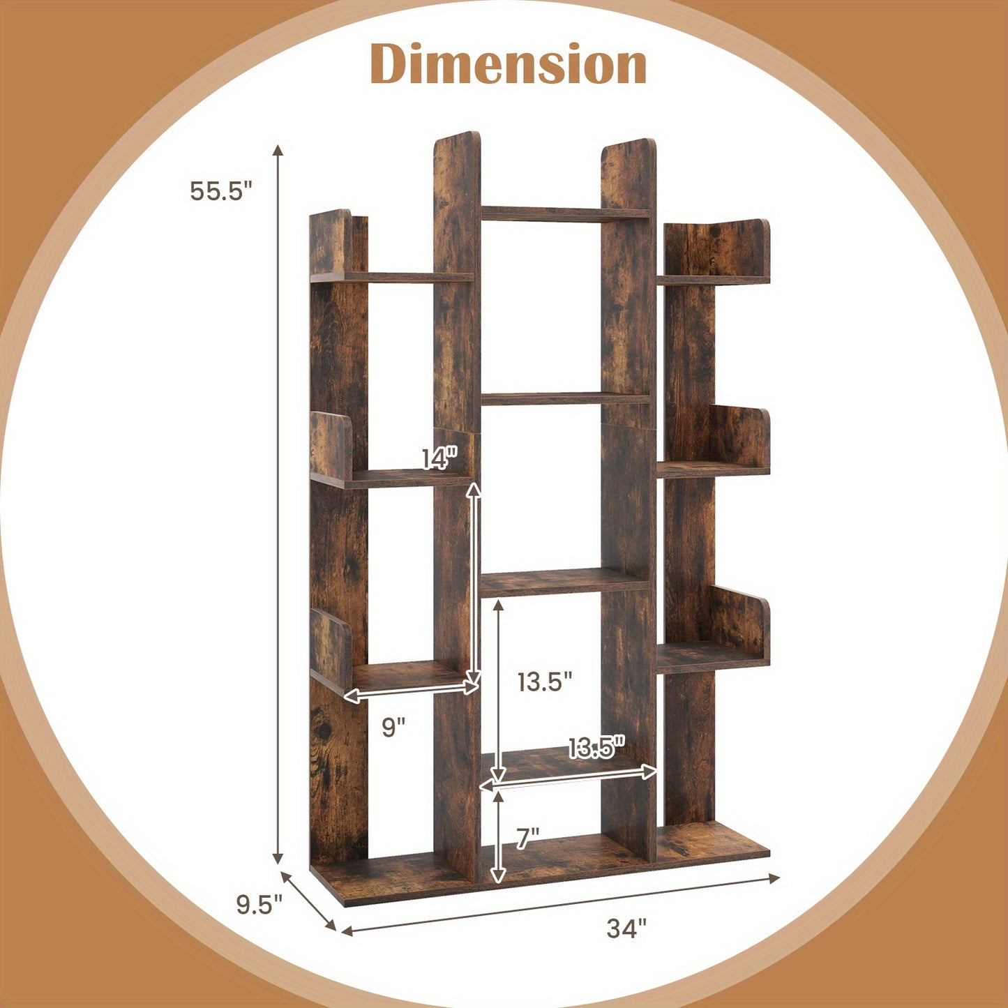 Boekenkast – Boekenrek – Vakkenkast – Opbergkast – Wandkast – Boomvormig Design – 13 Open Vakken – Vintage Bruin – 86x24,5x141 cm – Stevige MDF Constructie