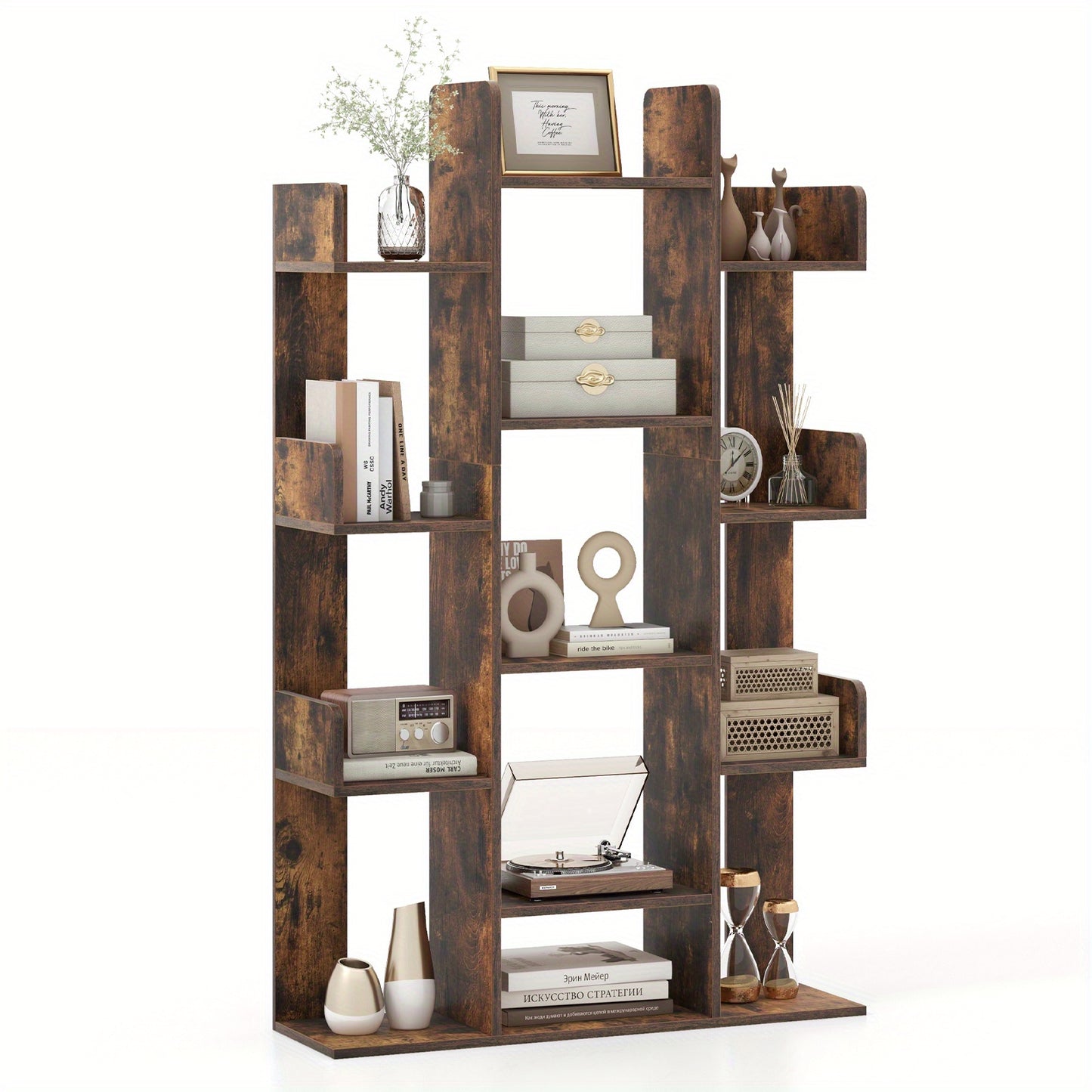 Boekenkast – Boekenrek – Vakkenkast – Opbergkast – Wandkast – Boomvormig Design – 13 Open Vakken – Vintage Bruin – 86x24,5x141 cm – Stevige MDF Constructie