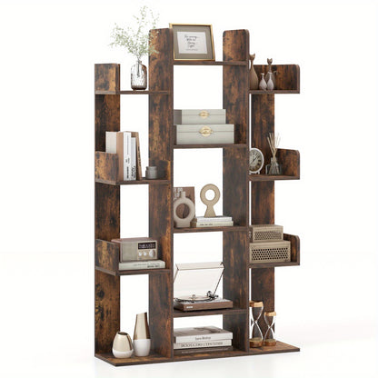 Boekenkast – Boekenrek – Vakkenkast – Opbergkast – Wandkast – Boomvormig Design – 13 Open Vakken – Vintage Bruin – 86x24,5x141 cm – Stevige MDF Constructie