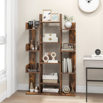 Boekenkast – Boekenrek – Vakkenkast – Opbergkast – Wandkast – Boomvormig Design – 13 Open Vakken – Vintage Bruin – 86x24,5x141 cm – Stevige MDF Constructie