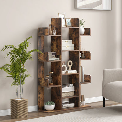 Boekenkast – Boekenrek – Vakkenkast – Opbergkast – Wandkast – Boomvormig Design – 13 Open Vakken – Vintage Bruin – 86x24,5x141 cm – Stevige MDF Constructie
