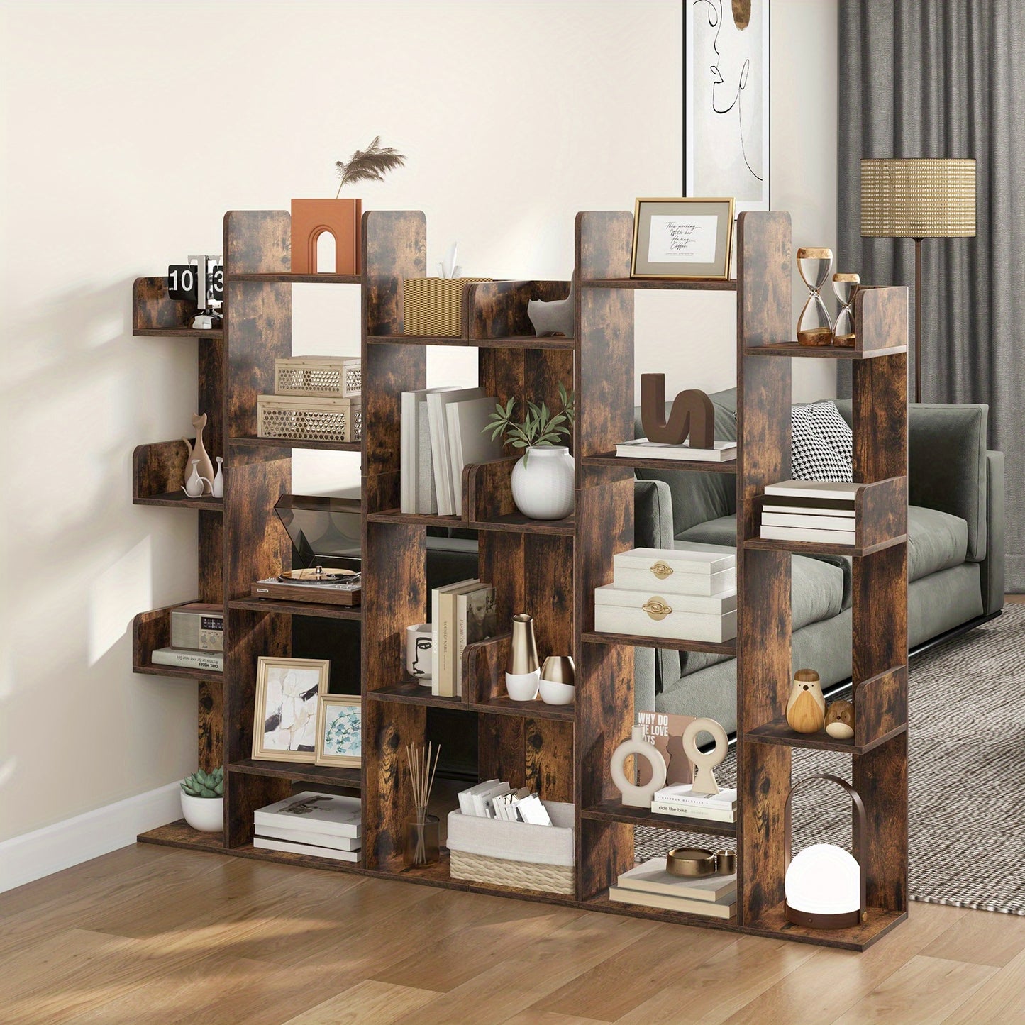 Boekenkast – Boekenrek – Vakkenkast – Opbergkast – Wandkast – Boomvormig Design – 13 Open Vakken – Vintage Bruin – 86x24,5x141 cm – Stevige MDF Constructie
